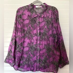 Peachy Pink Long sleeve Top Blouse purple black & silver metallic lightweight  L